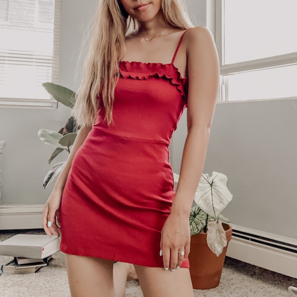 Ruffle ribbed red mini dress simple chic 🦋